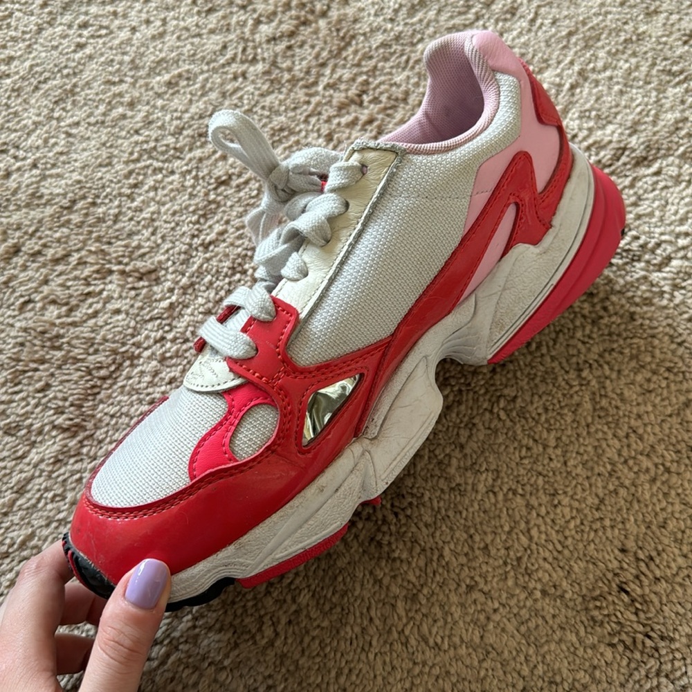 adidas Women's Red Pink White Falcon Sneakers - Picture 9 of 13